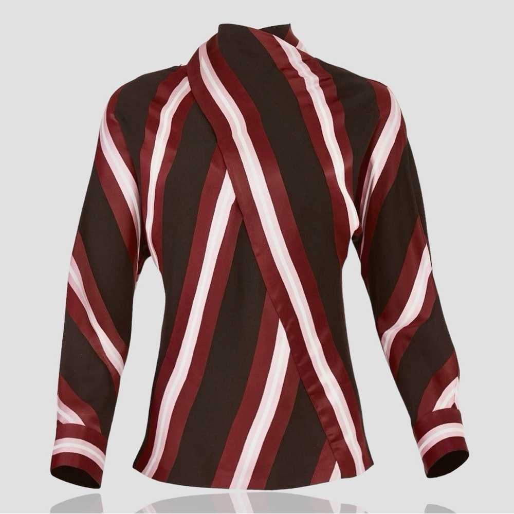 NWT Cedric Charlier Black, Pink & Burgundy ‘Striped High Neck Blouse’ Size 8